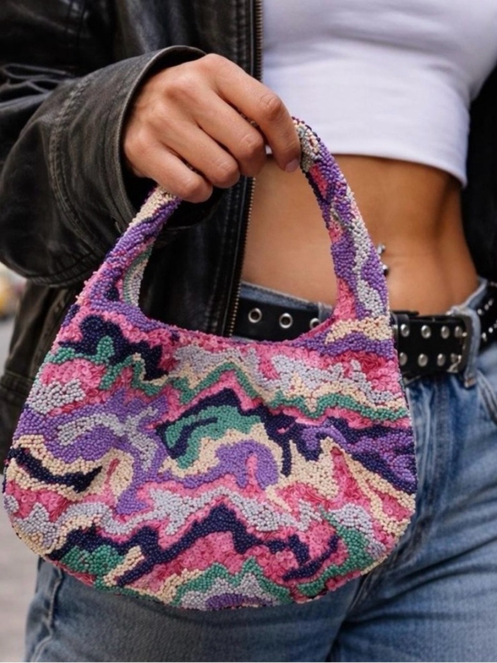 Beaded Multicolor Wave Pattern Bag - Pink & Purple